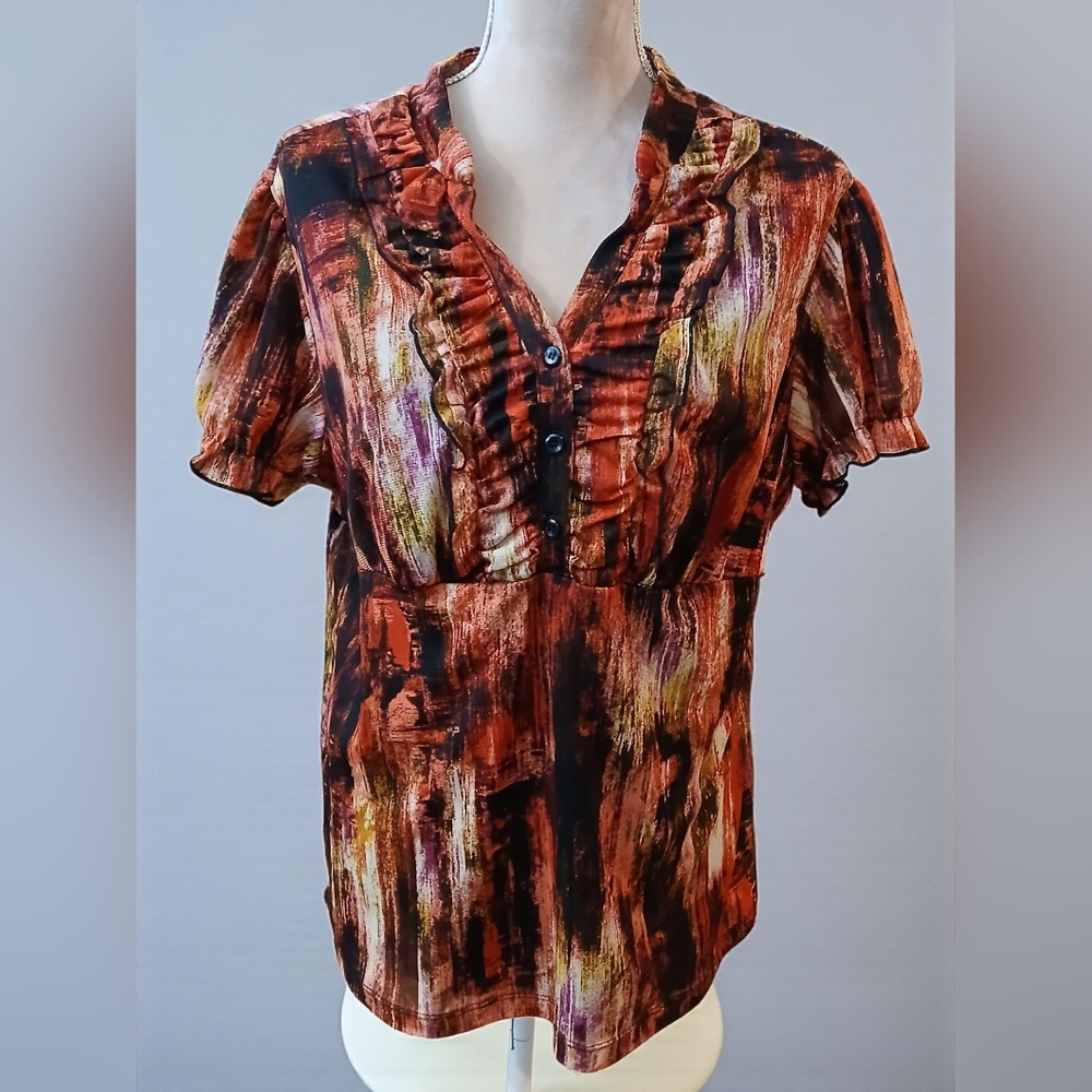 Elementz Short Sleeve Ruffle Empire Waist Blouse XL Artsy Bold Abstract Womans